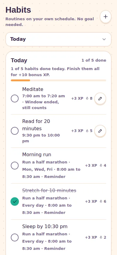 The Habits screen in Summit: today's habits such as Meditate, Read for 20 minutes and Morning run, each with its schedule, XP and streak.
