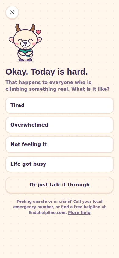 The "Today is hard" screen in Summit: Pico with a heart asks what today is like, with the options Tired, Overwhelmed, Not feeling it, Life got busy, or talk it through.