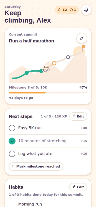 The Summit home screen: the goal Run a half marathon at milestone 3 of 5, today's next steps, habits and the week's streak.