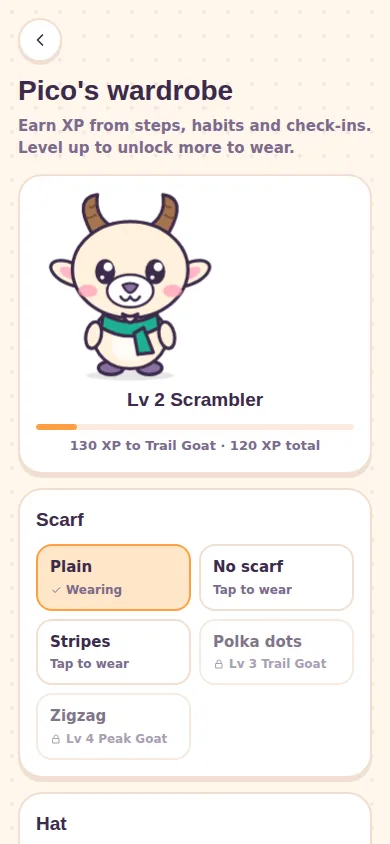 Pico's wardrobe in Summit: Pico at level 2 Scrambler with a green scarf, and scarf options to wear or unlock at later levels.